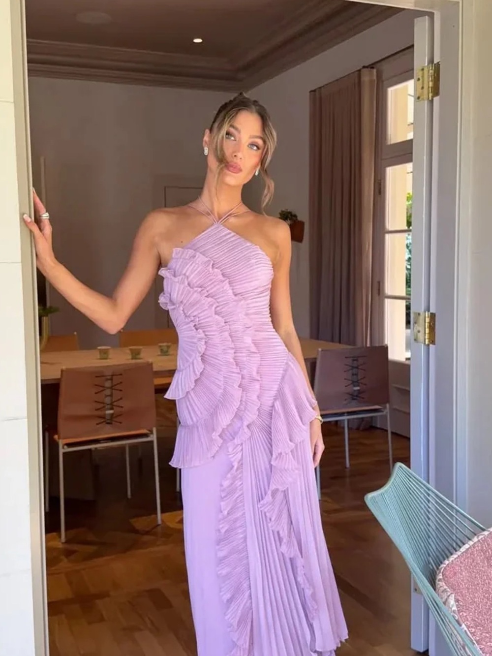 Elegant Lilac Ruffle Halter Wedding Dress